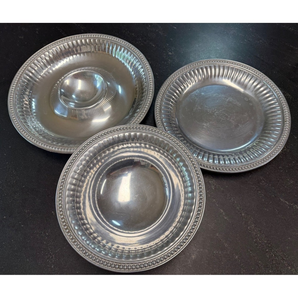 Wilton Armetale Flutes & Pearls 3 Pc Lot 15" Chip Dip Server 13" Plate 12" Bowl